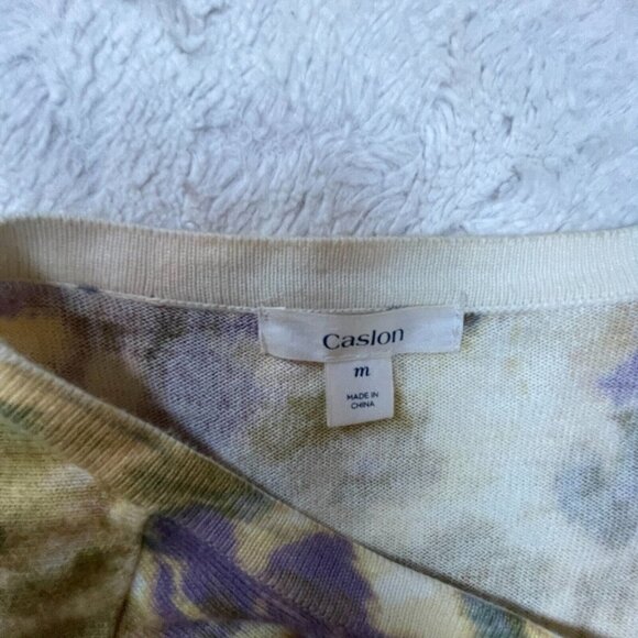 Caslon Women Button Front Knit Cardigan Sweater Medium Purple Green Print Cotton - Picture 4 of 9